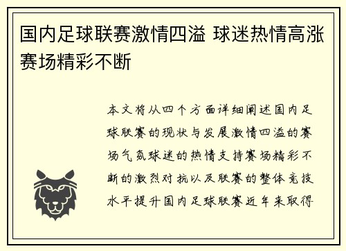 国内足球联赛激情四溢 球迷热情高涨赛场精彩不断